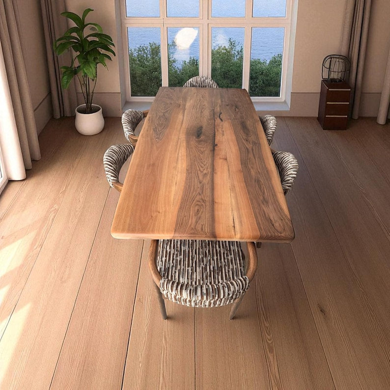 Handcrafted Solid Wood Dining Table – Rustic Live Edge Walnut, Oak & Chestnut, Modern Farmhouse Style, Durable Timeless Furniture"