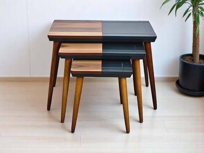 Handmade Wood Veneer Nesting Tables: 3-Piece Modern Zigon Set