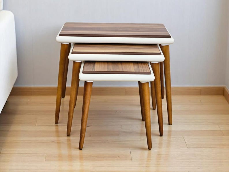 Handmade Wood Veneer Nesting Tables: 3-Piece Modern Zigon Set