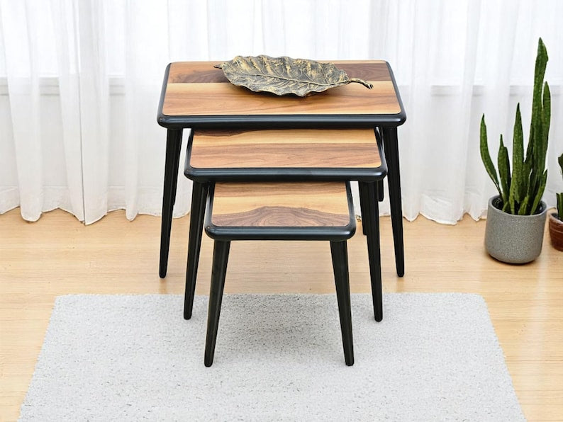 Handmade Wood Veneer Nesting Tables: 3-Piece Modern Zigon Set