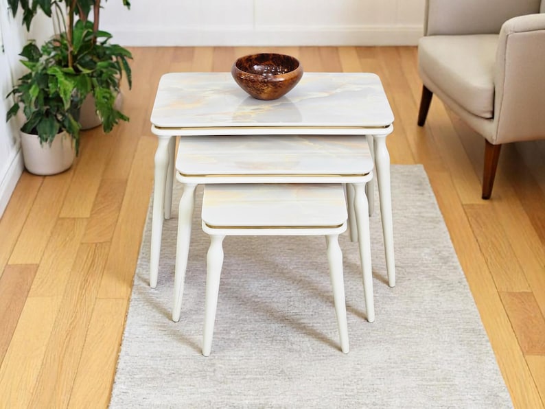 Handmade Wood Veneer Nesting Tables: 3-Piece Modern Zigon Set