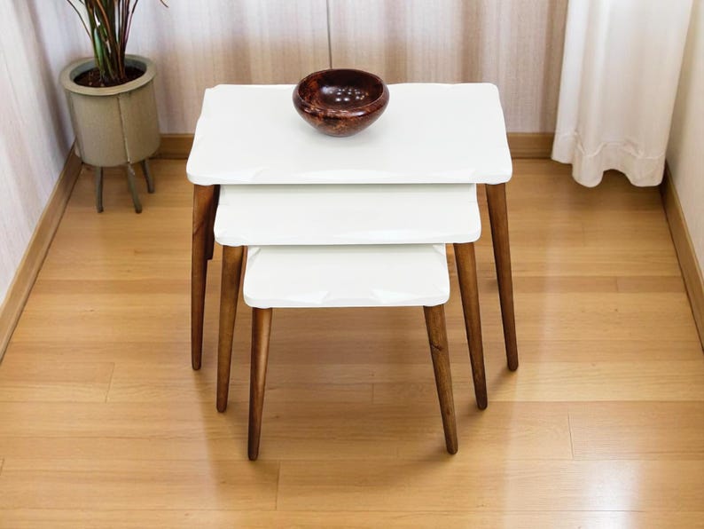 Handmade Wood Veneer Nesting Tables: 3-Piece Modern Zigon Set