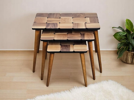 Handmade Wood Veneer Nesting Tables: Modern Zigon Design, 3-Piece Set