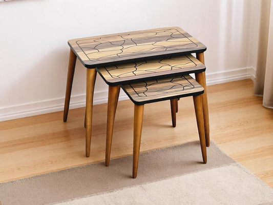 Handmade Wooden Veneer Nesting Tables: Space-Saving Zigon Design, 3-Piece Set